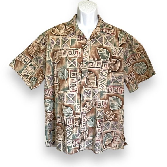 Cooke Street Honolulu Hawaiian Shirt Brown Green Leaf Print Made in USA Cotton - Picture 1 of 8
